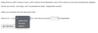 Today there is a 90% chance of rain, a 30% chance of thunderstorms, and a 25% chance of rain and thunderstorms together.
Are the two events "rain today" and "thunderstorms today" independent events?
Select your answers from the drop-down lists.
Since (0.9) x (0.3)
0.25, then the two events
+ independent.
greater than
less than
Calculator
equal to
