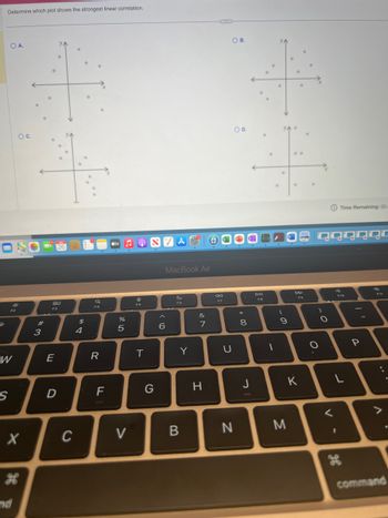 @
Determine which plot shows the strongest linear correlation.
O A.
S
F2
W
O C.
X
nd
#3
O
E
26
80
F3
D
C
$
4
0
F4
R
F
%
5
JO
V
F5
T
SZA
G
MacBook Air
6
Fo
Y
B
&
M
7
H
6
C
F7
OB.
U
N
O D.
* 00
8
J
DII
FB
1
0
O
0
(
9
M
O
00
K
0
0
O
qqqqq
O
O
Time Remaining: 00:
F10
L
I
P
-
^
command