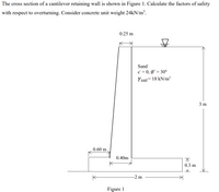 The cross section of a cantilever retaining wall is shown in Figure 1. Calculate the factors of safety
with respect to overturning. Consider concrete unit weight 24KN/m³.
0.25 m
Sand
c = 0, Ø' = 30°
Ysat= 18 kN/m³
3 m
0.60 m.
0.40m
0.3 m
-2 m
Figure 1
