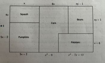 E
4x
5x-2
X
Squash
Pumpkins
5x+2
6x
Corn
r-9
xy - 1
Beans
Potatoes
1²-71+12
xy + 1
x+6