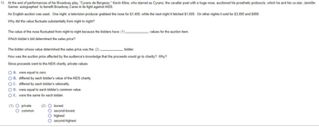 15. At the end of performances of his Broadway play, "Cyrano de Bergerac," Kevin Kline, who starred as Cyrano, the cavalier poet with a huge nose, auctioned his prosthetic proboscis, which he and his co-star, Jennifer
Garner, autographed to benefit Broadway Cares in its fight against AIDS.
An English auction was used. One night, a television producer grabbed the nose for $1,400, while the next night it fetched $1,600. On other nights it sold for $3,000 and $900.
Why did the value fluctuate substantially from night to night?
values for the auction item.
The value of the nose fluctuated from night to night because the bidders have (1)
Which bidder's bid determined the sales price?
The bidder whose value determined the sales price was the (2)
bidder.
How was the auction price affected by the audience's knowledge that the proceeds would go to charity? Why?
Since proceeds went to the AIDS charity, private values
O A. were equal to zero.
O B.
differed by each bidder's value of the AIDS charity.
O C.
differed by each bidder's rationality.
O D.
were equal to each bidder's common value.
OE. were the same for each bidder.
(1) O private
(2) O lowest
O second-lowest
O highest
O second-highest
O common