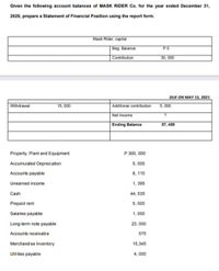 Given the following account balances of MASK RIDER Co. for the year ended December 31,
2020, propare a Statomont of Financial Position using the report form.
Mask Rider, capital
Beg. Balance
PO
Contribution
30, 000
DUE ON MAY 15, 2021
Withdrawal
15, 000
Additional contribution
5, 000
Net Income
Ending Balance
57, 450
Property, Plant and Equipment
P 300, 000
Accumulated Depreciation
5, 000
Accounts payable
8, 110
Unearned income
1, 395
Cash
44, 535
Prepaid rent
5, 000
Salaries payable
1, 000
Long-term note payable
23, 000
Accounts receivable
575
Merchandise Inventory
15,345
Utlities payable
4, 000
