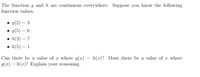 The function g and h are continuous everywhere. Suppose you know the following
function values.
g(2) = 3
• g(5) = 6
• h(2) = 7
• h(5) = 1
Can there be a value of x where g(x)
g(x) = h(x)? Explain your reasoning.
h(x)? Must there be a value of r where
