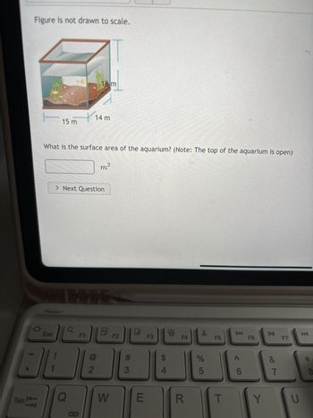 Figure is not drawn to scale.
Tab
15 m
Esc
36
What is the surface area of the aquarium? (Note: The top of the aquarium is open)
ti
C
> Next Question
8
18 m
1
14 m
F1
WW 5
2
m²
All
W
F2
#
3
E
F3
$
4
F4
R
*
%
5
F5
T
F6
Y
MI
7
F7
U
*
8