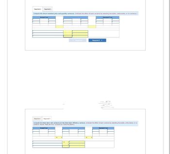 Required 1
Required 2
Compute the direct materials price and quantity variances. (Indicate the effect of each variance by selecting favorable, unfavorable, or no variance.)
Actual Cost
Required 1 Required 2
$
0
Compute the direct labor rate varlance and the direct labor efficiency variance. (Indicate the effect each variance by selecting favorable, unfavorable, or no
variance. Round "Rate per hour" answers to 2 decimal places.)
Actual Cost
$
0
< Required 1
0
$
Required 2 >
0
Standard Cost
Standard Cost