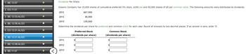 1. BE.12.07
2. EX.11.01
3. BE.12.03.ALGO
4. BE.12.06.ALGO
5. EX.12.01.ALGO
6. BE.12.01.ALGO
7. BE.12.08.ALGO
8. BE.11.07
<
Dividends Per Share
Oceanic Company has 15,000 shares of cumulative preferred 3% stock, $100 par and 50,000 shares of $5 par common stock. The following amounts were distributed as dividends:
20Y1
20Y2
20Y3
$67,500
36,000
135,000
Determine the dividends per share for preferred and common stock for each year. Round all answers to two decimal places. If an answer is zero, enter '0'.
20Y1
20Y2
20Y3
Preferred Stock
(dividends per share)
Common Stock
(dividends per share)
A