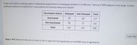 A new vaccination is being used in a laboratory experiment to investigate whether it is effective. There are 258 subjects in the study. Is there
sufficient evidence to determine if vaccination and disease status are related?
Vaccination Status Diseased
Not Diseased
Total
Vaccinated
55
62
117
Not Vaccinated
70
71
141
Total
125
133
258
Copy Data
Step 7 of 8: Make the decision to reject or fail to reject the null hypothesis at the 0.025 level of significance.
