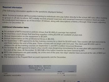 Required information
[The following information applies to the questions displayed below.]
Wells Technical Institute (WTI) provides training to individuals who pay tuition directly to the school. WTI also offers training
to groups in off-site locations. WTI initially records prepaid expenses and unearned revenues in balance sheet accounts.
Its unadjusted trial balance as of December 31 follows, along with descriptions of items a through h that require adjusting
entries on December 31.
Additional Information Items
a. An analysis of WTI's insurance policies shows that $3,468 of coverage has expired.
b. An inventory count shows that teaching supplies costing $3,006 are available at year-end.
c. Annual depreciation on the equipment is $13,871.
d. Annual depreciation on the professional library is $6,936.
e. On September 1, WTI agreed to do five training courses for a client for $2,600 each. Two courses will start immediately
and finish before the end of the year. Three courses will not begin until next year. The client paid $13,000 cash in
advance for all five training courses on September 1, and WTI credited Unearned Revenue.
f. On October 15, WTI agreed to teach a four-month class (beginning immediately) for an executive with payment due at
the end of the class. At December 31, $10,548 of the tuition revenue has been earned by WTI.
g. WTI's two employees are paid weekly. As of the end of the year, two days' salaries have accrued at the rate of $100 per
day for each employee.
h. The balance in the Prepaid Rent account represents rent for December.
Cash
Accounts receivable
WELLS TECHNICAL INSTITUTE
Unadjusted Trial Balance
December 31
Debit
$27,547
0
S
Credit