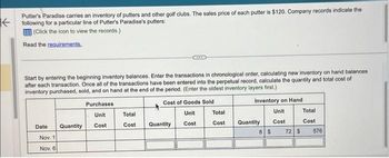 Putter's Paradise carries an inventory of putters and other golf clubs. The sales price of each putter is $120. Company records indicate the
following for a particular line of Putter's Paradise's putters:
(Click the icon to view the records.)
Read the requirements.
Start by entering the beginning inventory balances. Enter the transactions in chronological order, calculating new inventory on hand balances
after each transaction. Once all of the transactions have been entered into the perpetual record, calculate the quantity and total cost of
inventory purchased, sold, and on hand at the end of the period. (Enter the oldest inventory layers first.)
Inventory on Hand
Unit
Cost
8 $ 72 $
Date Quantity
Nov. 1
Nov. 6
Purchases:
Unit
Cost
Total
Cost
Cost of Goods Sold
Unit
Cost
Quantity
Total
Cost
Quantity
Total
Cost
576