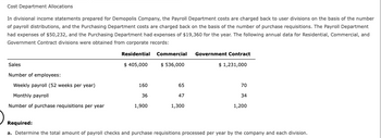 Cost Department Allocations
In divisional income statements prepared for Demopolis Company, the Payroll Department costs are charged back to user divisions on the basis of the number
of payroll distributions, and the Purchasing Department costs are charged back on the basis of the number of purchase requisitions. The Payroll Department
had expenses of $50,232, and the Purchasing Department had expenses of $19,360 for the year. The following annual data for Residential, Commercial, and
Government Contract divisions were obtained from corporate records:
Sales
Number of employees:
Weekly payroll (52 weeks per year)
Monthly payroll
Number of purchase requisitions per year
Residential
$ 405,000
160
36
1,900
Commercial
$ 536,000
65
47
1,300
Government Contract
$ 1,231,000
70
34
1,200
Required:
a. Determine the total amount of payroll checks and purchase requisitions processed per year by the company and each division.