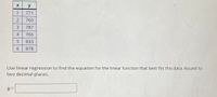 y
1
771
760
3
787
4
766
833
6
878
Use linear regression to find the equation for the linear function that best fits this data. Round to
two decimal places.
