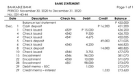 BANK STATEMENT
Page 1 of 1
BANKABLE BANK
PERIOD: November 30, 2020 to December 31, 2020
No.: 001-43-44
Description
Balance last statement
Check No.
Date
Debit
Credit
Balance
P 435,000
451,200
436,200
426,700
422,025
471,025
466,825
480,825
477,070
381,070
371,070
273,070
272,070
273,620
Dec. 1 Cash deposit
P 16,200
1 Check issued
4 Check issued
P 15,000
9,500
4,675
4329
4342
4 Check issued
4341
5 Check deposit
6 Check issued
8 Check deposit
49,000
4343
4,200
14,000
3,755
96,000
10,000
98,000
1,000
10 Check issued
4344
15 Encashment
4346
22 Encashment
4350
28 Encashment
4351
29 Debit memo - BSC
29 Credit memo - interest
1,550
