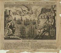 **Title: America Triumphant and Britannia in Distress**

**Image Description:**

The image is an allegorical representation of the American Revolution's aftermath, portraying America as victorious and Britain in distress. The central scene features several elements labeled with numbers corresponding to an explanation below.

1. **America**: Depicted as a figure sitting on a globe with the United States flag overhead. In one hand, she holds an olive branch, symbolizing peace, inviting all nations to engage in commerce. In the other hand, she holds a liberty cap.
  
2. **Fame**: Illustrated as a winged figure with a trumpet, symbolizing the spreading of joyful news globally.
  
3. **Britannia**: Shown weeping over the loss of trade with America, accompanied by an evil genius figure.
  
4. **Britain’s Fortresses**: The British flag is seen struck on a fortress, indicating military defeat.

5. **Ships**: French, Spanish, and Dutch ships are shown in the harbors of America, highlighting international support and alliance.

6. **New York**: A reference to a scene involving the traitor Arnold (Benedict Arnold), known for his treason during the American Revolution. This minor illustration shows Arnold with remorse for his actions.

**Historical Context:**

This imagery serves as a powerful representation of the shifting global power dynamics post-American Revolution, illustrating America's new-found independence and economic prospects, symbolized by open trade and alliances. The olive branch and liberty cap reinforce themes of peace and freedom, while the despondent Britannia reflects Britain's diminished influence.

**Educational Use:**

The image can be used to discuss symbolism in historical art, the impact of the American Revolution on international relations, and the role of allegory in communicating revolutionary sentiments. It provides insight into 18th-century perspectives on America's rise and Britain's challenges following the loss of its colonies.