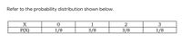 Refer to the probability distribution shown below.
X
1
3
P(X)
1/8
3/8
3/8
1/8
