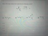 **Question:**  
What is the major product that results from the following reaction?

**Reaction Details:**  
A molecular structure with a bromine (Br) group and a sodium alkoxide (ONa) reacts to form one of the products listed below.

**Options:**

(A)  
(Structure: A linear carbon chain featuring double bonds)

(B)  
(Structure: A carbon chain with a specific arrangement of double bonds)

(C)  
(Structure: A carbon compound with a ketone group)

(D)  
(Structure: A branched carbon chain with double bonds)

**Answer Choices:**

- O A
- O B
- O C
- O D

**Explanation:**  
The question tests knowledge of organic chemistry reactions, specifically those involving elimination and substitution processes to predict the major product.