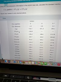 Calculating standard reaction free ehel
Using the uiermodynamic information in the ALEKS Data tab, calculate the standard reaction
C(s, graphite) + 2Cl, (g) → CCI, (g)
Round your answer to zero decimal places.
dh Data
Carbon
5.7
C(s; graphite)
1.9
2.9
2.4
C(s; diamond)
716.7
671.3
158.1
C(g)
Cl4(s)
-136.8
---
Cla(1)
-128.2
-68.6
215.39
CCI4(9)
-95.7
-64.0
309.65
CH3CI(g)
-81.9
-60.2
234.6
CH2CI2(1)
-124.2
-63.2
177.8
CHCI3(1)
-134.1
-73.7
201.7
HCN(I)
108.9
125.0
112.8
HCN(g)
135.1
124.7
201.8
HCN(aq)
105.4
112.1
128.9
CN (aq)
150.6
172.4
94.1
HCO3 (aq)
-692.0
-586.8
91.2
H2CO3(aq)
-698.7
-623.42
191.0
HCHO(a)
-108.6
-102.5
218.8
22
esc
Comn
