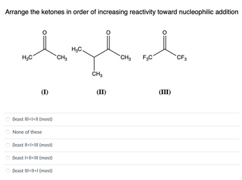 Arrange the ketones in order of increasing reactivity toward nucleophilic addition
O
olaylala
H3C.
CH3 F3C
CH3
H3C
(1)
(least III<I<II (most)
None of these
(least II<<III (most)
(least I<ll<III (most)
(least III<ll<l (most)
CH3
(II)
(III)
CF 3