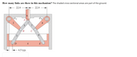 **How many links are there in this mechanism?**

The shaded cross-sectional areas are part of the ground.

**Diagram Explanation:**

The diagram shows a mechanism with five main components, each labeled with numbers:

1. The mechanism consists of five links: A, B, C, D, and E.
2. Links A and B are attached to a fixed part at their top ends, which are spaced 22.9 units apart.
3. Links C and D form a V-shape, joined at the bottom and connected to another link, E.
4. The bottom link E is horizontal, connecting to both C and D at its ends.
5. The shaded areas indicate ground connections or fixings.
6. The mechanism has a consistent spacing of 4.5 units in one section, suggesting uniform placement or measurement.

This setup can be related to mechanisms such as scissors or lifting devices, where linkage movement is transformed to achieve a specific mechanical function.