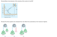 Part (a) What is the direction of the velocity of the center of rod DE?
200
500
200
-150 -|-150 -|--250
Dimensions in mm
Part (b) The three systems are released from rest. Rank the accelerations, from lowest to highest.
100 lb
100 lb
A
A
2100 lb
200 lb
200 lb
2200 lb
(1)
(2)
(3)
