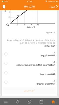 424%
P 2:49
Ooredoo I.
HW1_Ch1
العودة
4
D
3
9
12
Units of X
Figure 1.7
Refer to Figure 1.7. At Point A the slope of the line is
0.67, so at Point C the slope would be
:Select one
.a
.equal to 0.67
.b
.indeterminate from this information
.C
.less than 0.67
.d
.greater than 0.67
أخل اختياري
II
