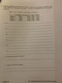 17. Additional information was obtained from EXCEL. Conduct a test of hypothesis to determine if any
of the regression coefficients do not equal 0 Use the 005 significance level. The regression
equation is:
Salary = 19.2 + 3.10 Years + 0.269 Perform - 0.704 Absent
Intercept
Years
Perform
Absent
Coefficients Standard Error
19.186
3.096
0.269
-0.704
12.146
0.706
0.120
0.586 -1.202
t Stat
1.580
4.385
P-value
0.143
0.001
0.046
0.255
2.252
а. Но:
H:
Họ:
H1:
Họ:
H1:
b. The decision rules are to reject Ho if
What is your decision? Interpret.
c.
305 Multiple Regression and Correlation Analysis
Chapter 14
