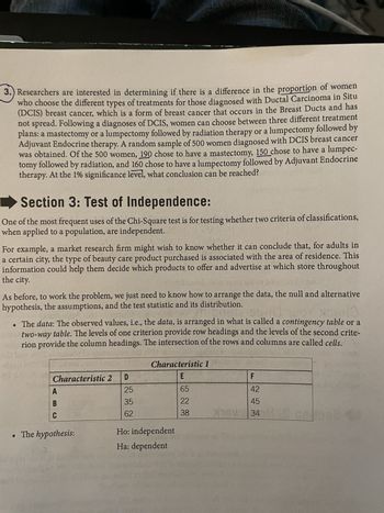 3.) Researchers are interested in determining if there is a difference in the proportion of women
who choose the different types of treatments for those diagnosed with Ductal Carcinoma in Situ
(DCIS) breast cancer, which is a form of breast cancer that occurs in the Breast Ducts and has
not spread. Following a diagnoses of DCIS, women can choose between three different treatment
plans: a mastectomy or a lumpectomy followed by radiation therapy or a lumpectomy followed by
Adjuvant Endocrine therapy. A random sample of 500 women diagnosed with DCIS breast cancer
was obtained. Of the 500 women, 190 chose to have a mastectomy, 150 chose to have a lumpec-
tomy followed by radiation, and 160 chose to have a lumpectomy followed by Adjuvant Endocrine
therapy. At the 1% significance level, what conclusion can be reached?
Section 3: Test of Independence:
One of the most frequent uses of the Chi-Square test is for testing whether two criteria of classifications,
when applied to a population, are independent.
For example, a market research firm might wish to know whether it can conclude that, for adults in
a certain city, the type of beauty care product purchased is associated with the area of residence. This
information could help them decide which products to offer and advertise at which store throughout
the city.
As before, to work the problem, we just need to know how to arrange the data, the null and alternative
hypothesis, the assumptions, and the test statistic and its distribution.
• The data: The observed values, i.e., the data, is arranged in what is called a contingency table or a
two-way table. The levels of one criterion provide row headings and the levels of the second crite-
rion provide the column headings. The intersection of the rows and columns are called cells.
Characteristic 2
ABC
• The hypothesis:
D
25
35
62
Characteristic 1
E
65
22
38
Ho: independent
Ha: dependent
F
42
45
NDOW
11 |34