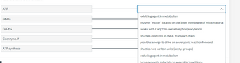 ATP
NAD+
FADH2
Coenzyme A
ATP synthase
oxidizing agent in metabolism
enzyme "motor" located on the inner membrane of mitochondrial
works with CoQ10 in oxidative phosphorylation
shuttles electrons in the e- transport chain
provides energy to drive an endergonic reaction forward
shuttles two-carbon units (acetyl groups)
reducing agent in metabolism
turns pyruvate to lactate in anaerobic conditions