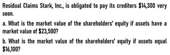 Residual Claims Stark, Inc., is obligated to pay its creditors $14,300 very
soon.
a. What is the market value of the shareholders' equity if assets have a
market value of $23,500?
b. What is the market value of the shareholders' equity if assets equal
$16,100?