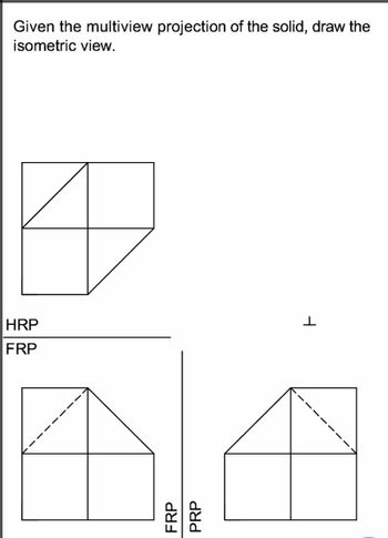 Given the multiview projection of the solid, draw the
isometric view.
HRP
FRP
F
De
FRP
PRP