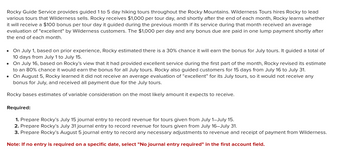 Rocky Guide Service provides guided 1 to 5 day hiking tours throughout the Rocky Mountains. Wilderness Tours hires Rocky to lead
various tours that Wilderness sells. Rocky receives $1,000 per tour day, and shortly after the end of each month, Rocky learns whether
it will receive a $100 bonus per tour day it guided during the previous month if its service during that month received an average
evaluation of "excellent" by Wilderness customers. The $1,000 per day and any bonus due are paid in one lump payment shortly after
the end of each month.
• On July 1, based on prior experience, Rocky estimated there is a 30% chance it will earn the bonus for July tours. It guided a total of
10 days from July 1 to July 15.
• On July 16, based on Rocky's view that it had provided excellent service during the first part of the month, Rocky revised its estimate
to an 80% chance it would earn the bonus for all July tours. Rocky also guided customers for 15 days from July 16 to July 31.
•
On August 5, Rocky learned it did not receive an average evaluation of "excellent" for its July tours, so it would not receive any
bonus for July, and received all payment due for the July tours.
Rocky bases estimates of variable consideration on the most likely amount it expects to receive.
Required:
1. Prepare Rocky's July 15 journal entry to record revenue for tours given from July 1-July 15.
2. Prepare Rocky's July 31 journal entry to record revenue for tours given from July 16-July 31.
3. Prepare Rocky's August 5 journal entry to record any necessary adjustments to revenue and receipt of payment from Wilderness.
Note: If no entry is required on a specific date, select "No journal entry required" in the first account field.