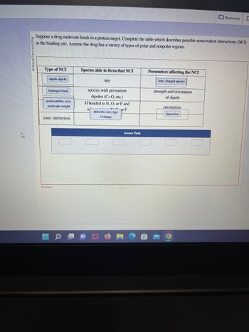 Macmillan Learning
Suppose a drug molecule binds to a protein target. Complete the table which describes possible noncovalent interactions (NCI)
in the binding site. Assume the drug has a variety of types of polar and nonpolar regions.
Type of NCI
dipole-dipole
hydrogen bond
polarizability, size;
molecular weight
ionic interaction
Incorrect
Species able to form that NCI
any
species with permanent
dipoles (C-O, etc.)
H bonded to N, O, or F and
F
dielectric size; type
of charge
Answer Bank
Parameters affecting the NCI
ions; charged species
strength and orientation
of dipole
orientation
dispersion
Resources C
O