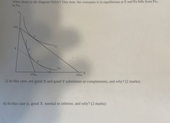 What about in the diagram below? This time, the consumer is in equilibrium at E and Px falls from Pxo
to PX1.
I/Py
G
U₁
g
E
F
I/PXo
Uo
X
I/PX1
5) In this case, are good X and good Y substitutes or complements, and why? (2 marks)
6) In this case is, good X normal or inferior, and why? (2 marks)