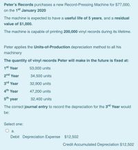 Peter's Records purchases a new Record-Pressing Machine for $77,000,
on the 1st January 2020
The machine is expected to have a useful life of 5 years, and a residual
value of $1,000.
The machine is capable of printing 200,000 vinyl records during its lifetime.
Peter applies the Units-of-Production depreciation method to all his
machinery
The quantity of vinyl records Peter will make in the future is fixed at:
1st Year
53,000 units
2nd Year
34,500 units
3rd Year
32,900 units
4th Year
47,200 units
5th year
32,400 units
The correct journal entry to record the depreciation for the 3rd Year would
be:
Select one:
а.
Debit Depreciation Expense $12,502
Credit Accumulated Depreciation $12,502
