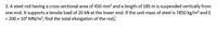 3. A steel rod having a cross-sectional area of 450 mm and a length of 185 m is suspended vertically from
one end. It supports a tensile load of 20 kN at the lower end. If the unit mass of steel is 7850 kg/m³ and E
= 200 x 10° MN/m?, find the total elongation of the rod.
