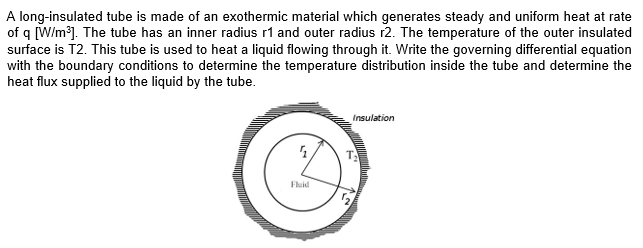 A long-insulated tube is made of an exothermic material which generates steady and uniform heat at rate
of q [W/m³]. The tube has an inner radius r1 and outer radius r2. The temperature of the outer insulated
surface is T2. This tube is used to heat a liquid flowing through it. Write the governing differential equation
with the boundary conditions to determine the temperature distribution inside the tube and determine the
heat flux supplied to the liquid by the tube.
Insulation
Fluid
