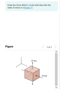 Draw the three Mohr's circles that describe the
state of stress in (Figure 1).
Figure
1 of 1
>
25 ksi
25 ksi
