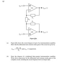 Q2
Vi (+) O-
VOUT (+)
A2a
RA
RA
A2b
VOUT-)
Figure Q2a
(a)
Figure Q2a shows the circuit diagram of part of an instrumentation amplifier.
Show that the differential and common mode gains of the circuit are given by
2R,+R
and 4,cu =1 respectively.
R,
Draw the diagram of a traditional three-opamp instrumentation amplifier.
Write down expressions for the differential and common-mode gains of the
complete circuit, including the circuit fragment shown in Figure Q2a.
(b)
