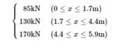 85KN (0< x < 1.7m)
130kN (1.7 < x < 4.4m)
170KN (4.4 < x < 5.9m)
