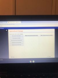 e Block 3
X LA World History A- Edgenuity.c
b r09.core.learn.edgenuity.com/Player/
skmarks
ld History A
Agricultural Change
Place the tile in the correct category.
Before the Agricultural Revolution
After the Agricultural revolution
Many people moved to cities
Crop production increased.
Much of the land was common land.
Landowners enclosed farmland.
Farmers produced small crops.
/Done
D Intro
s Activity
