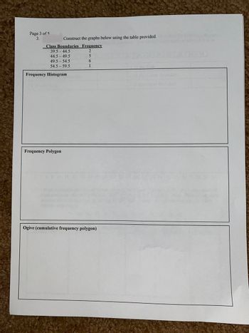 Page 3 of 5
3.
Construct the graphs below using the table provided.
Frequency
2
5
6
Class Boundaries
39.5 - 44.5
44.5 49.5
49.5 - 54.5
54.5-59.5
Frequency Histogram
Frequency Polygon
1
Ogive (cumulative frequency polygon)