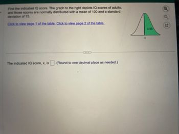 Find the indicated IQ score. The graph to the right depicts IQ scores of adults,
and those scores are normally distributed with a mean of 100 and a standard
deviation of 15.
Click to view page 1 of the table. Click to view page 2 of the table.
The indicated IQ score, x, is. (Round to one decimal place as needed.)
A
0.55