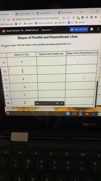 asswork for R X
Launch Meeting x
La unch Meeting xE Naomi Camach X
classroom google.com/w/MTKWNZYXMTE4NZM4/t. 2 *
UHSD Bookmarks
Kami A Classes A Pearson EasyBridge M Agile Mind
ais
period 8
Naomi Camacho - Ka.. Parallel Lines v2 Open with
K Open with Kami
Slopes of Parallel and Perpendicular Lines
r the given slope, find the slope of any parallel and perpendicular line to it.
Slope of a Line
Slope of Any Parallel Line Slope of Any Perpendicular Line
1)
5
2)
3)
4)
12
5)
Page 1 1
M
acer
esc
@
&
7
W
e
武
6.
%44
%#3
