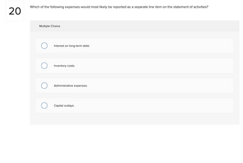 20
Which of the following expenses would most likely be reported as a separate line item on the statement of activities?
Multiple Choice
Interest on long-term debt.
Inventory costs.
Administrative expenses.
Capital outlays.