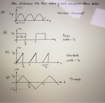 Also, determine the RMS values of each waveforms shown below:
(lt)
Not
-T-1
To
h т
Бо
ИДА.
T
T
T
To
(a)
Ip
(ь) IP
(C) Ip
(d)
1'4)
IIN
- Ip
T
rt
Full-Wave Sinusoidal
+
Pulse
width= To
Sawtooth
Width To
a
triangle