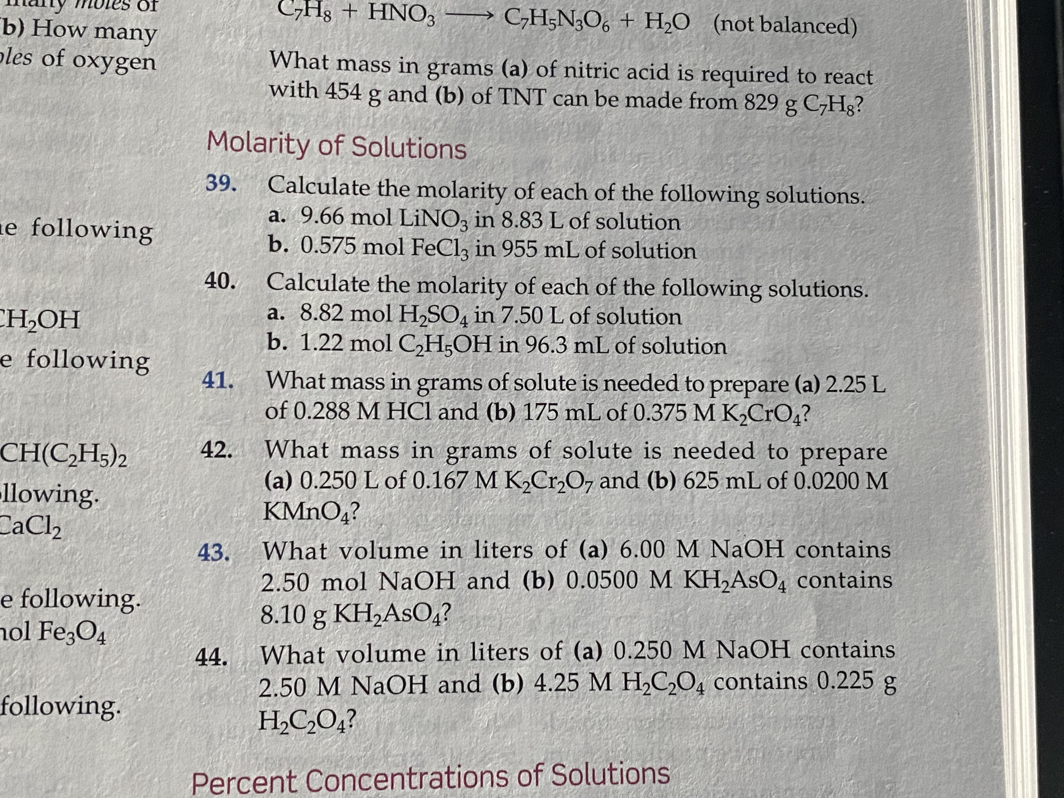 Calculate the molarity of each of the following solutions.
a. 8.82 mol H,SO, in 7.50L of solution
b. 1.22 mol C,H;OH in 96.3 mL of solution
40.
