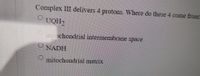 Complex III delivers 4 protons. Where do these 4 come from?
UQH2
mitochondrial intermembrane space
NADH
mitochondrial matrix

