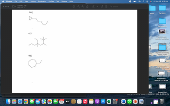 ### Section: Organic Chemistry - Molecular Structures

#### Molecular Structures Overview

Below are three molecular structures, labeled as bb), cc), and dd), respectively. These diagrams illustrate various organic compounds.

1. **bb)**
   - This structure represents a molecule with a cyclopropane ring at one end. Attached to the ring is a chain of carbon atoms with a series of single bonds. The molecular structure extends in a zigzag pattern, indicative of a typical alkane chain.

2. **cc)**
   - This diagram illustrates a more complex organic molecule. It consists of a branched carbon chain. In the center, there is a tert-butyl group attached to the main chain. The structure highlights the complexity and branching that can occur in organic molecules.

3. **dd)**
   - The final structure features a large ring, indicating a cyclooctane ring. Attached to this ring is an additional alkyl chain extending out from one of the carbon atoms in the ring. This structure showcases the cyclic nature of some organic compounds.

Each of these diagrams is a two-dimensional representation of a three-dimensional molecule. 

Feel free to download the full lesson for an in-depth analysis of these structures and their chemical properties.

---

### Diagrams Explanations

These diagrams help students understand the different ways that carbon atoms can bond to form complex structures. The notation uses lines to represent bonds between carbon atoms, with vertices representing carbon atoms. This form of structural formula is commonly used in organic chemistry to simplify the representation of complex molecules.

For more details on molecular structure notation and how to interpret these diagrams, please refer to our advanced organic chemistry module.