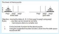 The tower of Hanoi puzzle:
土
A
В
Peg1 peg2 peg3
Initial state
Peg1 peg2 peg3
goal state
Objective: moving the disks (A, B, C) from peg1 to peg3 using peg2.
Rules:
- one disk can be moved at one time
Cannot put a disk on a smaller one
i.
Find a heuristic function for the above puzzle.
Using the suggested heuristic function, show how the state space
would look like.
ii.
