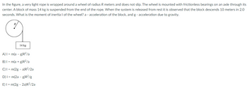 In the figure, a very light rope is wrapped around a wheel of radius R meters and does not slip. The wheel is mounted with frictionless bearings on an axle through its
center. A block of mass 14 kg is suspended from the end of the rope. When the system is released from rest it is observed that the block descends 10 meters in 2.0
seconds. What is the moment of inertia I of the wheel? a - acceleration of the block, and g - acceleration due to gravity.
14 kg
A) I = m(a - g)R²/a
B) I= m(a + g)R2/a
C) I = m(2g - a)R²/2a
D) I = m(2a - g)R²/g
E) I= m(2g - 2a) R²/2a