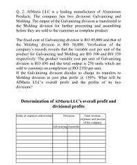 Q. 2. AlMaria LLC is a leading manufacturer of Aluminium
Products. The company has two divisions Galvanizing and
Molding. The output of the Galvanizing division is transferred to
the Molding division for further processing and assembling
before they are sold to the customer as complete product.
The fixed cost of Galvanizing division is RO 45,000 and that of
the Molding division is RO 30,000. Verification of the
company's records reveals that the variable cost per unit of the
product for Galvanizing and Molding are RO 300 and RO 350
respectively. The product variable cost per unit of Galvanizing
division is RO 450 and the total output is 250 units which are
sold to customer on completion @ RO 2150 per unit.
If the Galvanizing division decides to charge its transfers to
Molding division at cost plus profit @ 150%. What will be
AlMaria LLC's overall profit and the profits of its two
divisions?
Determination of AIMaria LLC's overall profit and
divisional profits
Items of expenses and revenue
Divisions
Total revenue,
expenses and income
of the company
Galvanizing Assembly
